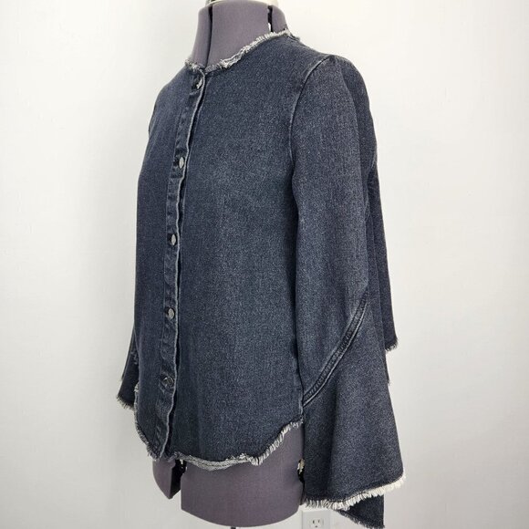 Robert Rodriguez Denim Shirt Jacket‎ Womens XS Black Ruffle Distressed Button Up - Picture 3 of 13
